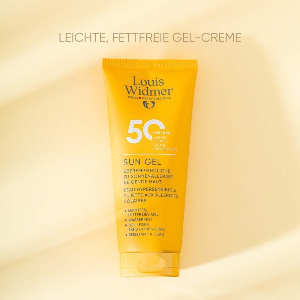 Gelbe Tube WIDMER Sun Gel 50. Aufschrift: 50, Sun Gel, für sonnenallergische Haut. Text: leichtes, fettfreies Gel.