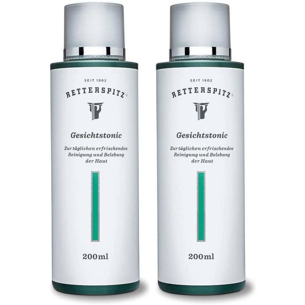 Zwei Flaschen Gesichtstonic mit weißem Etikett und grünen Akzenten. Aufschrift: RETTERSPITZ, Gesichtstonic, 200ml.
