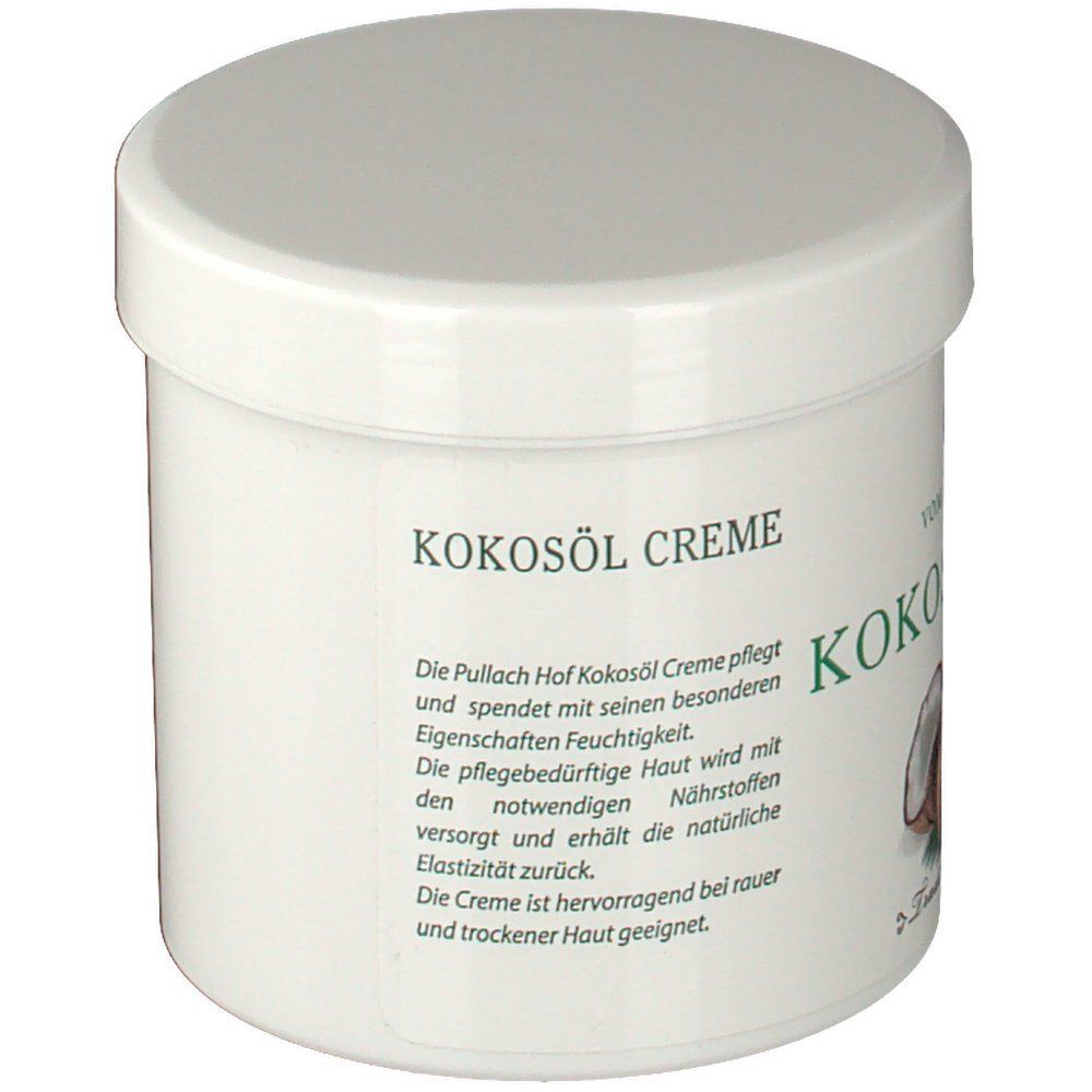 Weißer Tiegel mit Deckel. Aufschrift: KOKOSÖL CREME. Text über die Creme.