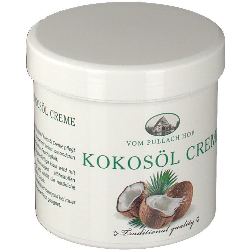 Weißer Tiegel mit Deckel. Aufschrift: KOKOSÖL CREME. Abbildung von Kokosnuss und Palmenblatt. "Traditional quality".
