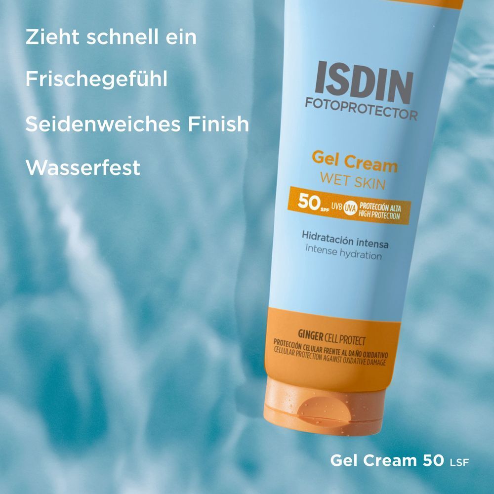 ISDIN Fotoprotector Gel Cream Wet Skin 50. Produkt in Wasser. Text: Zieht schnell ein, Frischegefühl, seidenweiches Finish, wasserfest.