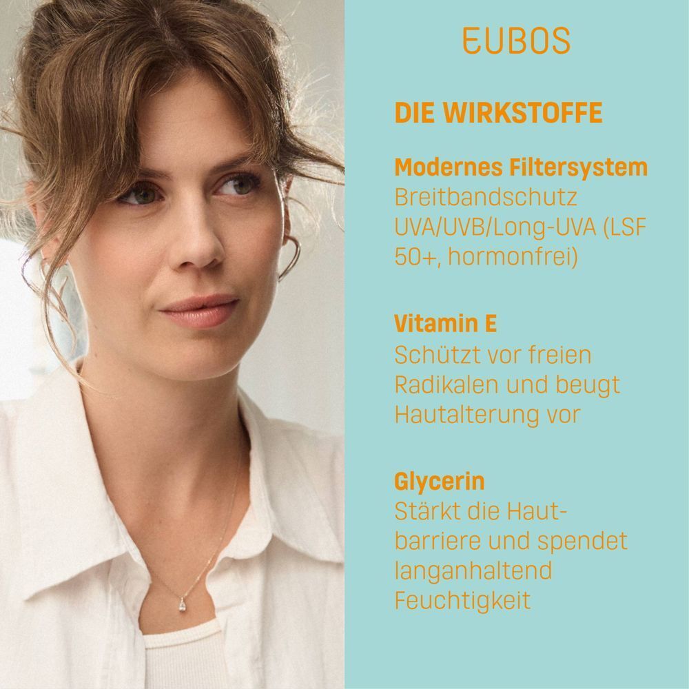 Frau mit Text über Wirkstoffe: Modernes Filtersystem, Vitamin E, Glycerin. EUBOS Logo.