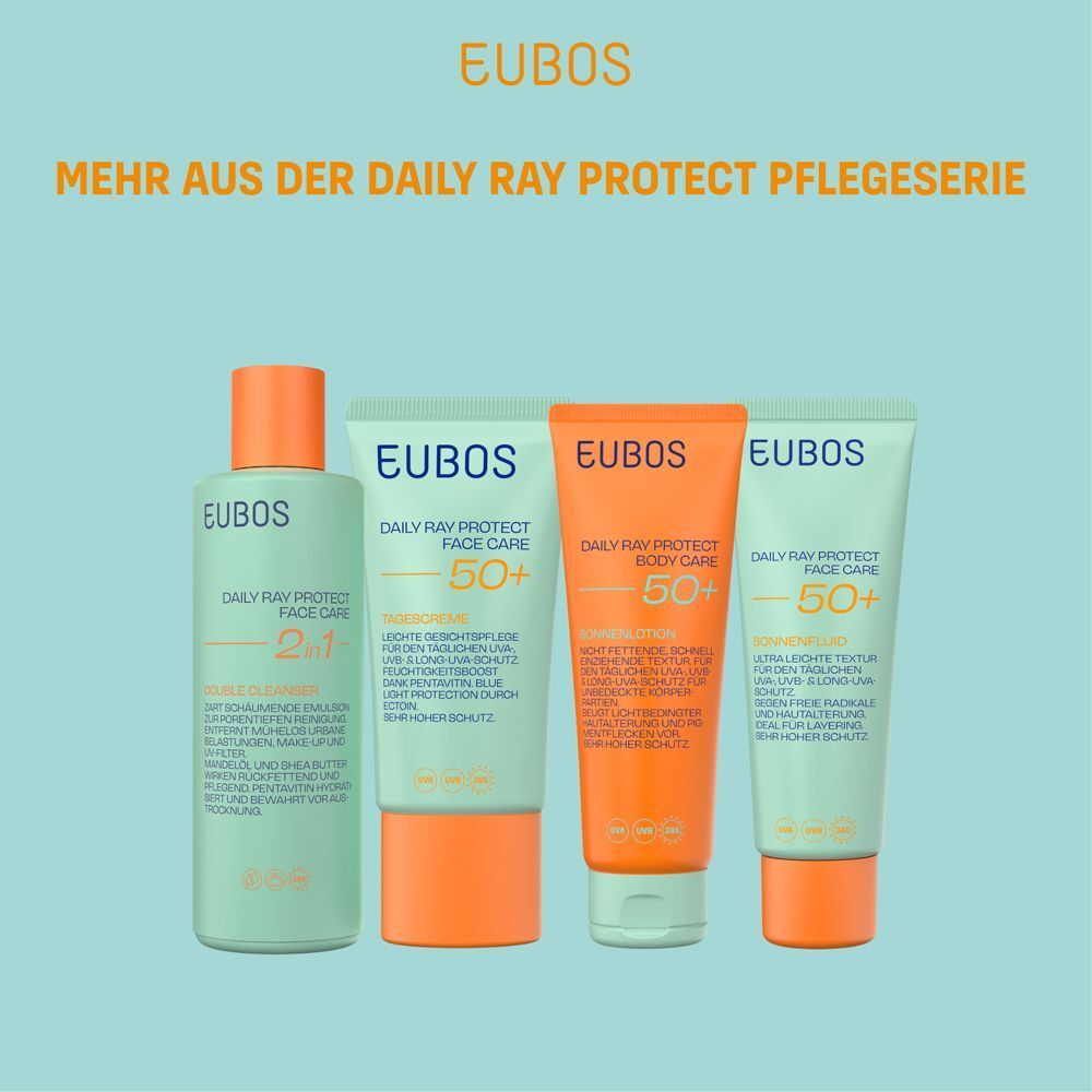 Vier Produkte der DAILY RAY PROTECT Pflegeserie. EUBOS Logo. Produkte: Fluid, Sonnencreme, Body Care, Sonnencreme.