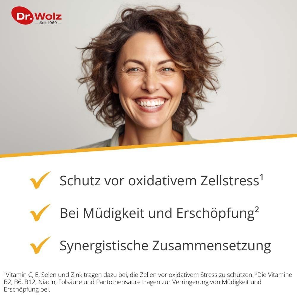 Frau lächelt, Schutz vor oxidativem Zellstress, bei Müdigkeit und Erschöpfung, synergistische Zusammensetzung.