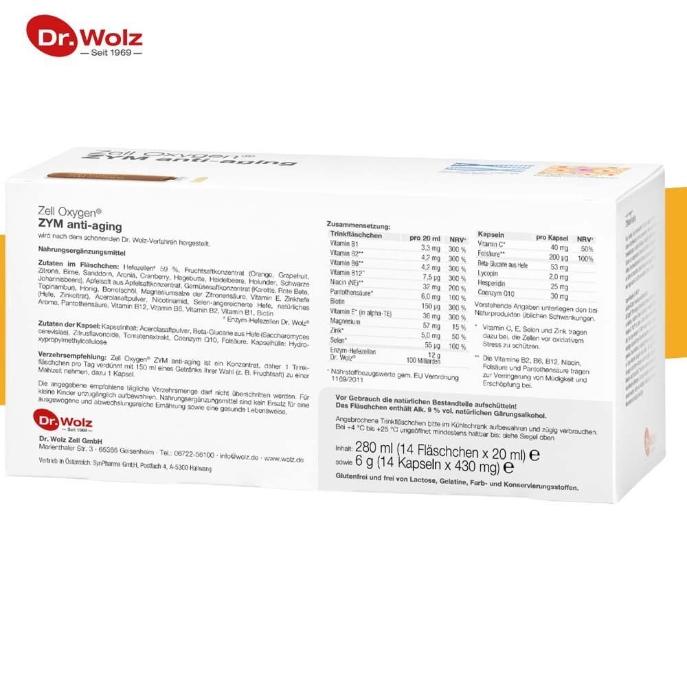 Rückseite einer Packung Zell Oxygen® ZYM anti-aging mit Nährwertangaben und Inhaltsstoffen.