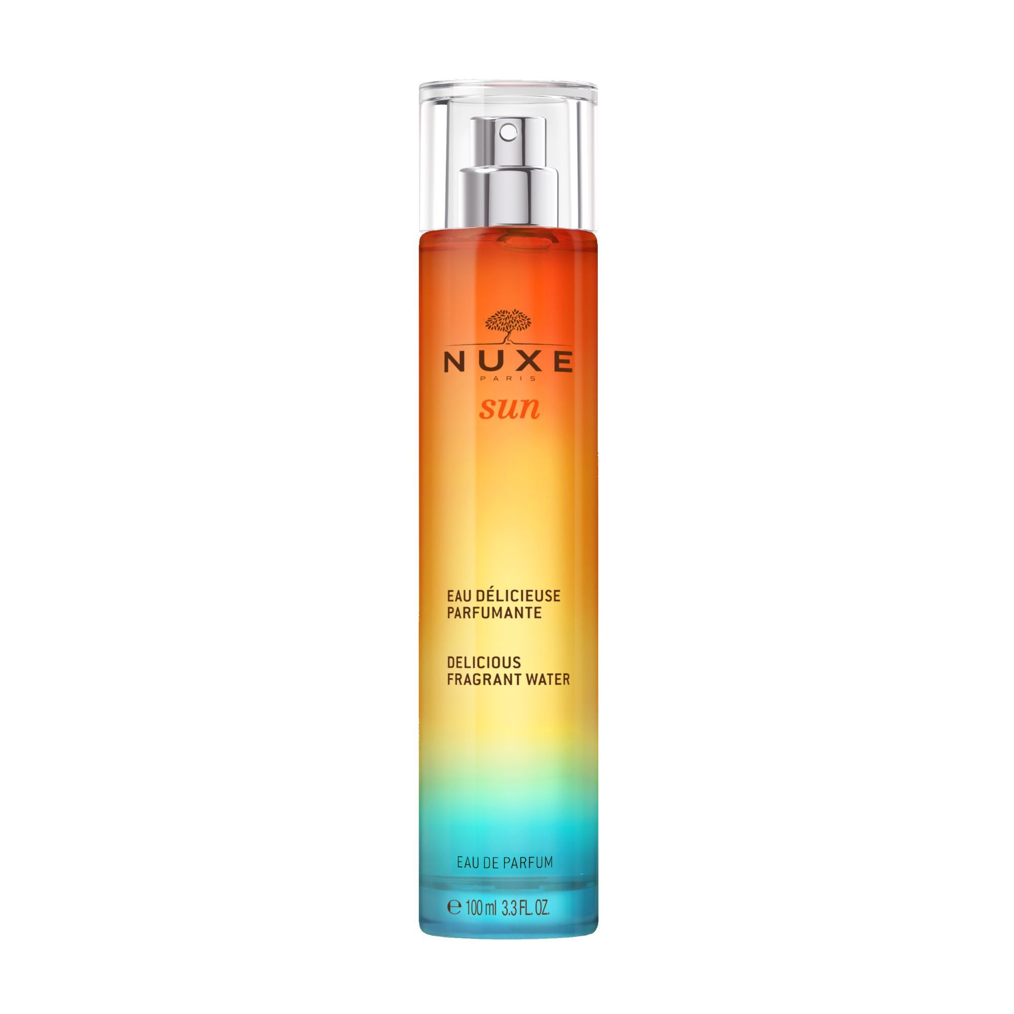 NUXE Sun Eau Délicieuse Parfumante. Flakon mit Sprühkopf. Farbverlauf von blau nach orange. Produktname und Logo.