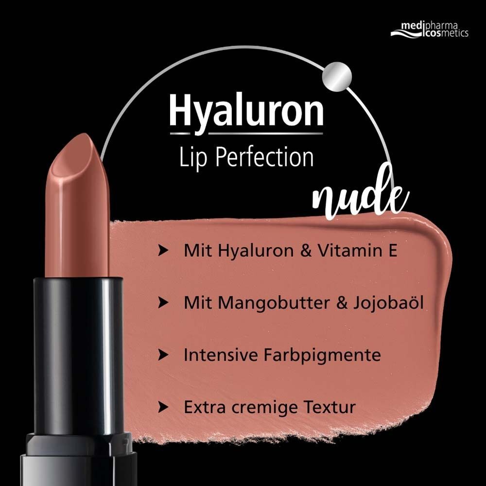 Nahaufnahme Lippenstift nude. Text: Mit Hyaluron & Vitamin E, Mit Mangobutter & Jojobaöl, Intensive Farbpigmente, Extra cremige Textur.