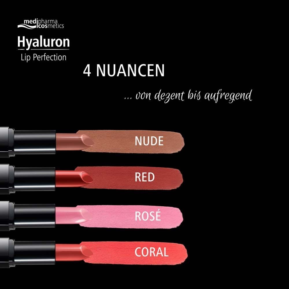 Vier Lippenstiftfarben: Nude, Rot, Rosé, Coral. Produktname: Hyaluron Lip Perfection. Marke: medipharma cosmetics.