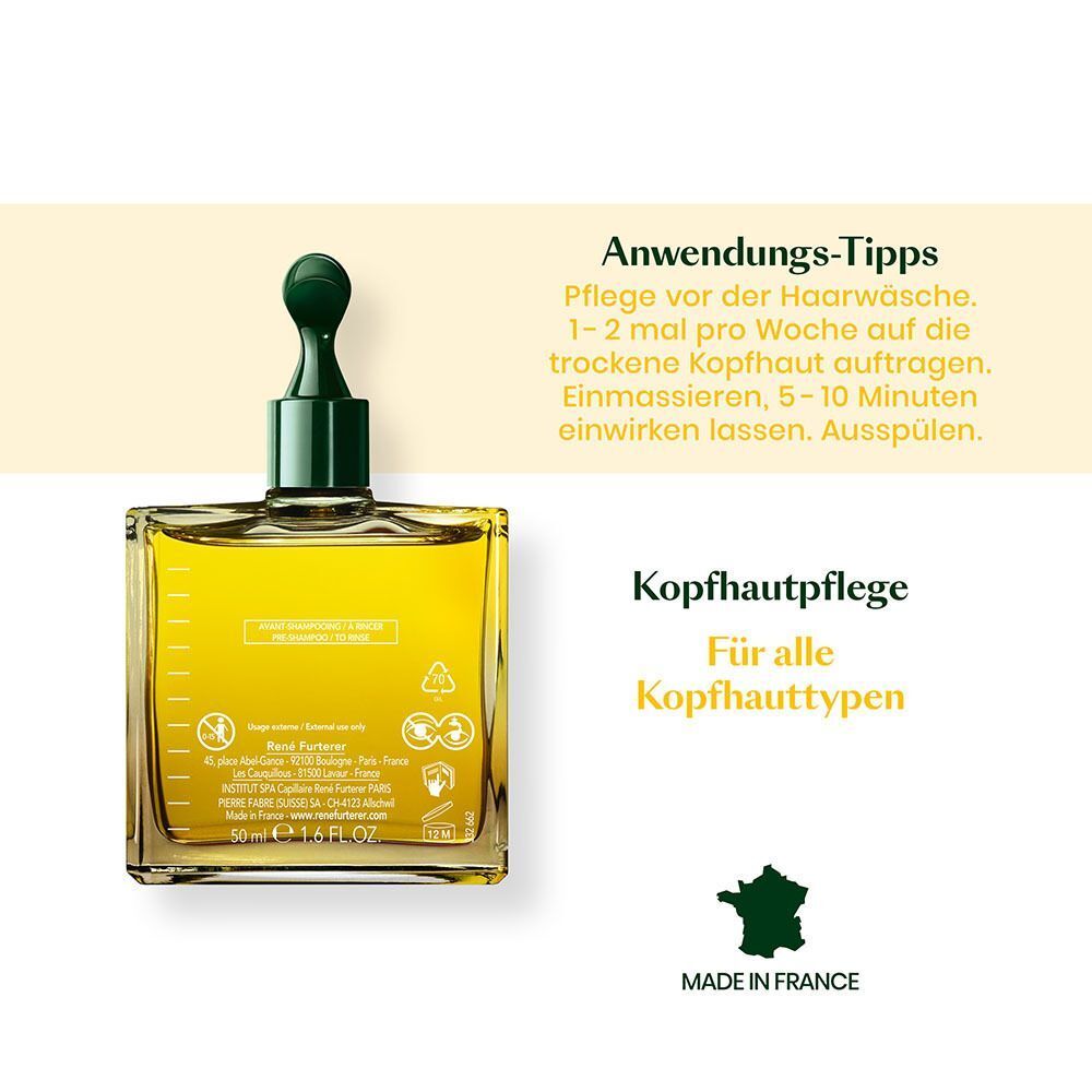 Flasche mit gelber Flüssigkeit und grünem Applikator. Text: Anwendungstipps. Kopfhautpflege für alle Kopfhauttypen. Made in France.