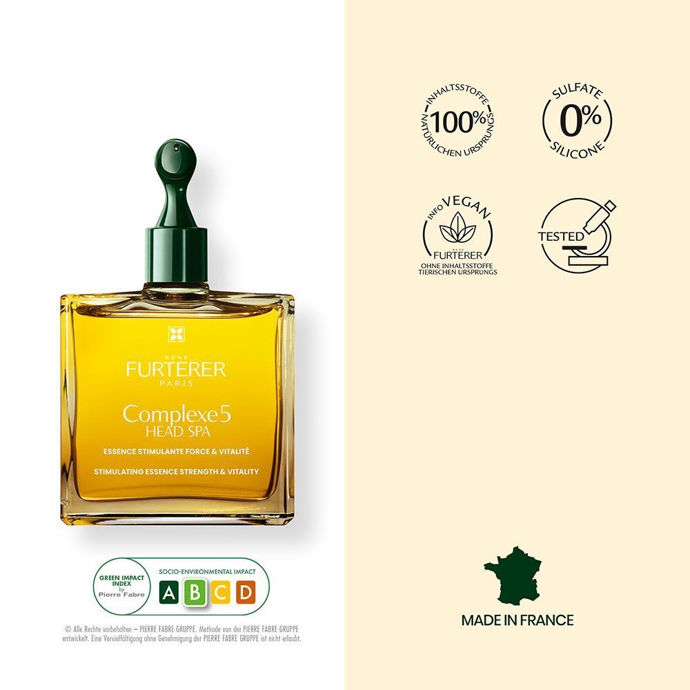 Flasche mit gelber Flüssigkeit und grünem Applikator. Text: Complexe 5 Head Spa. Zertifizierungen: 100% natürlichen Ursprungs, vegan, ohne Silikone.