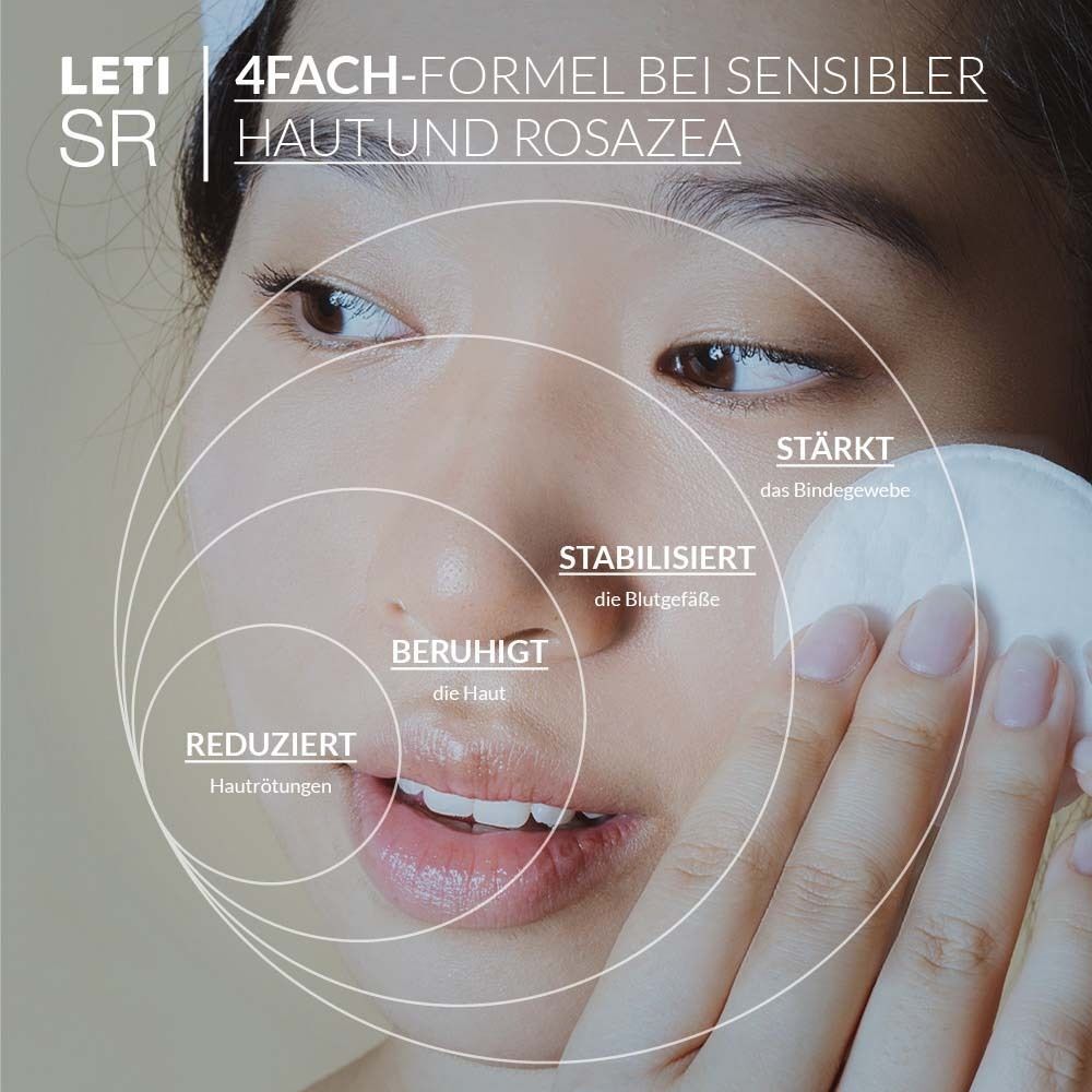 Gesicht mit Wattepad. Kreise mit Text: Reduziert, beruhigt, stabilisiert, stärkt. Text: 4-fach-Formel bei sensibler Haut.