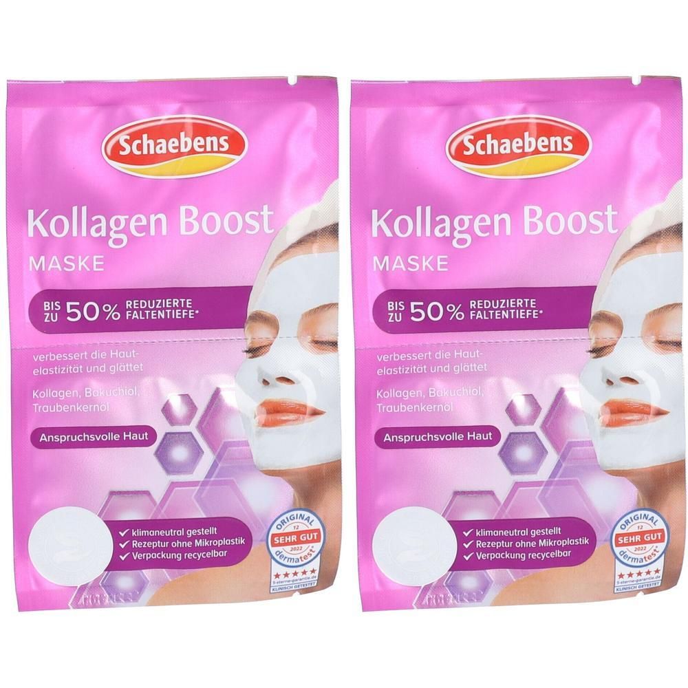Zwei Packungen Schaebens Kollagen Boost Maske. Rosa Verpackung mit Produktnamen und Gesicht mit Maske. Text: Reduziert Faltentiefe.