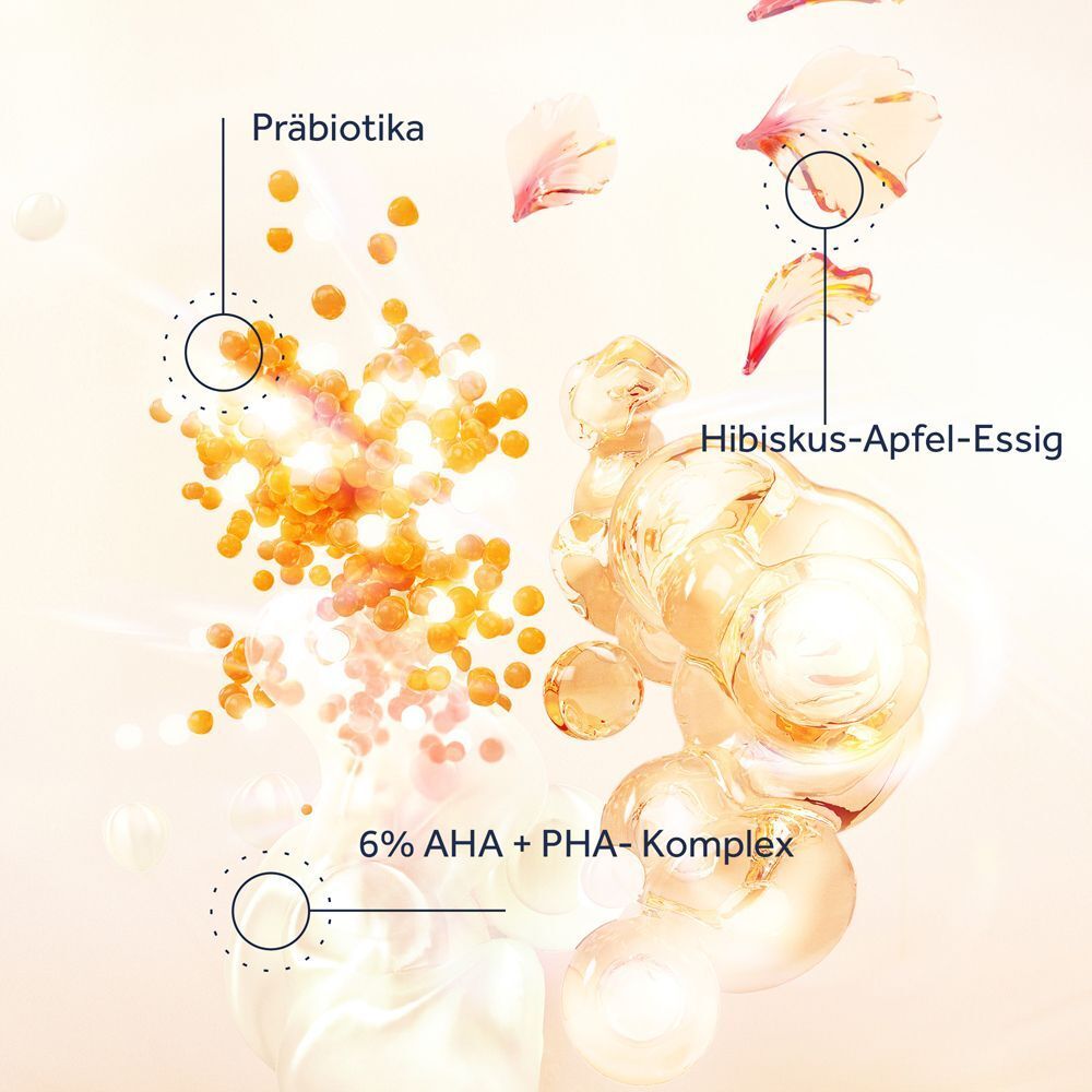 Grafische Darstellung von Inhaltsstoffen: Präbiotika, Hibiskus-Apfel-Essig und 6% AHA + PHA-Komplex. Gelartige Substanz.