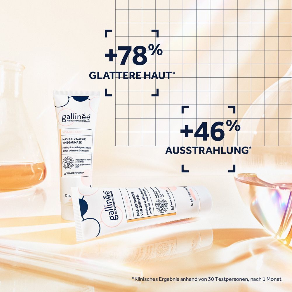 Zwei Tuben und Laborutensilien. Text: +78% glattere Haut, +46% Ausstrahlung. Klinisches Ergebnis nach 1 Monat.