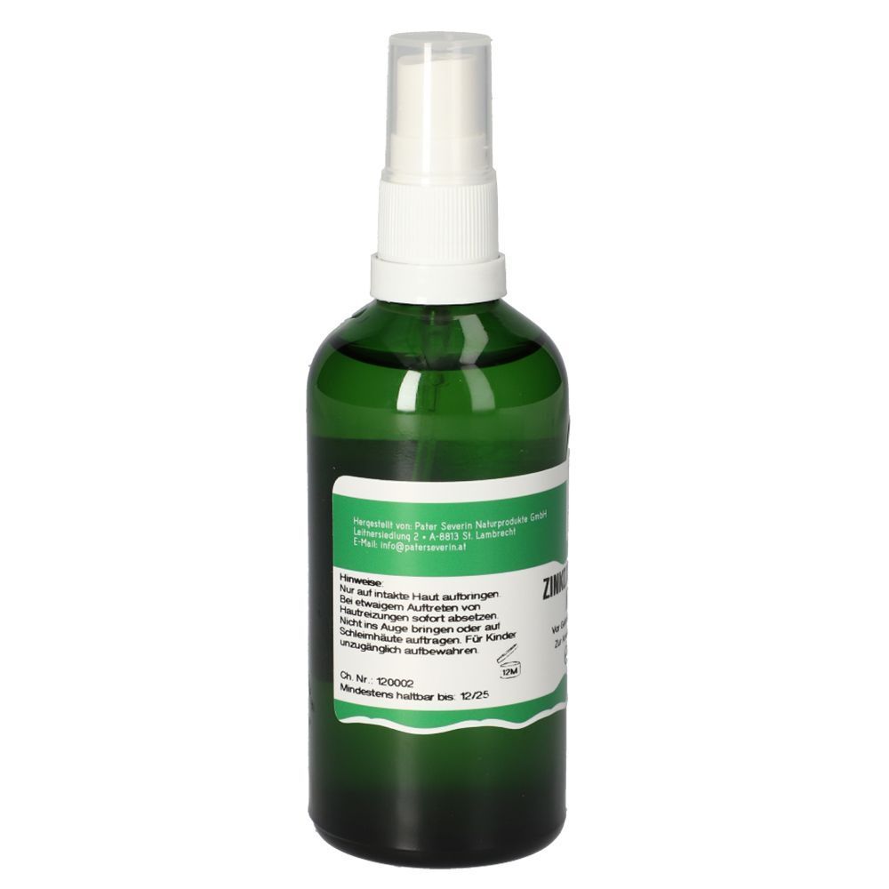 Grüne Flasche mit Sprühkopf. Etikett mit Text. Aufschrift: ZINKOXID Schüttelmixtur. Rückseite mit Text. Mindestens haltbar bis 10/25.