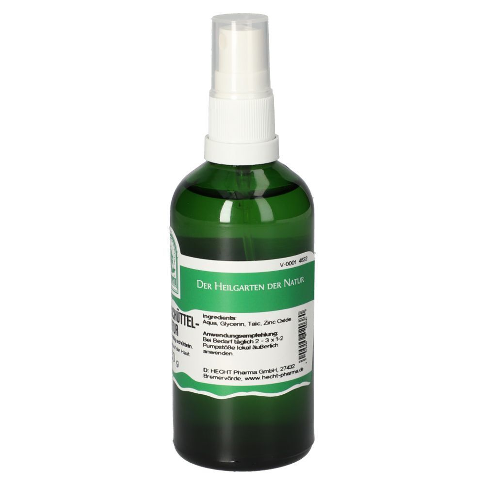 Grüne Flasche mit Sprühkopf. Etikett mit Text. Aufschrift: ZINKOXID Schüttelmixtur. Logo. Inhaltsstoffe. 150 g.