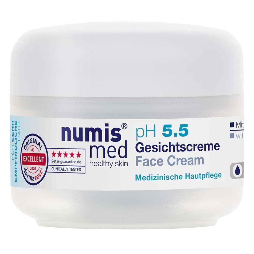 Weißer Tiegel mit Schraubverschluss. Aufschrift: numis med pH 5.5 Gesichtscreme. Auszeichnung: dermatest. Blaue und weiße Farbgebung.