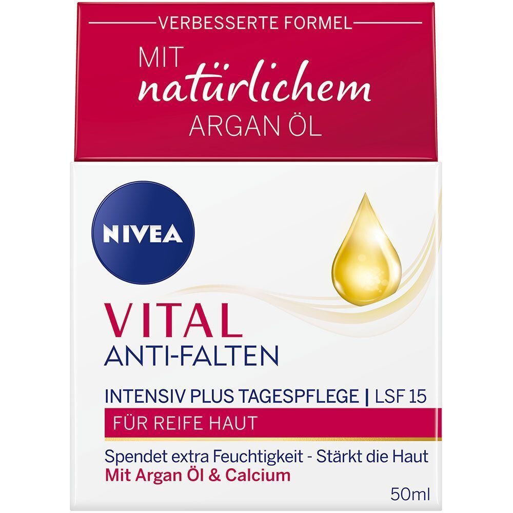 Weißer Cremetiegel und Verpackung. Aufschrift: NIVEA VITAL Anti-Falten Tagespflege. Mit natürlichem Arganöl. Tropfen-Symbol.