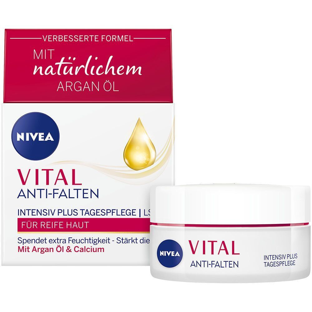 Cremetiegel und Verpackung. Aufschrift: NIVEA VITAL Anti-Falten Tagespflege. Mit natürlichem Arganöl. Tropfen-Symbol.