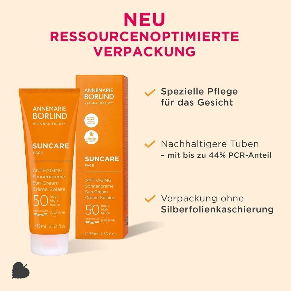 ANNEMARIE BÖRLIND FACE Sun Cream und Verpackung. Orangefarben mit Text. Text: Anti-Aging, 50 LSF. Nachhaltige Tuben, ohne Silberfolie.