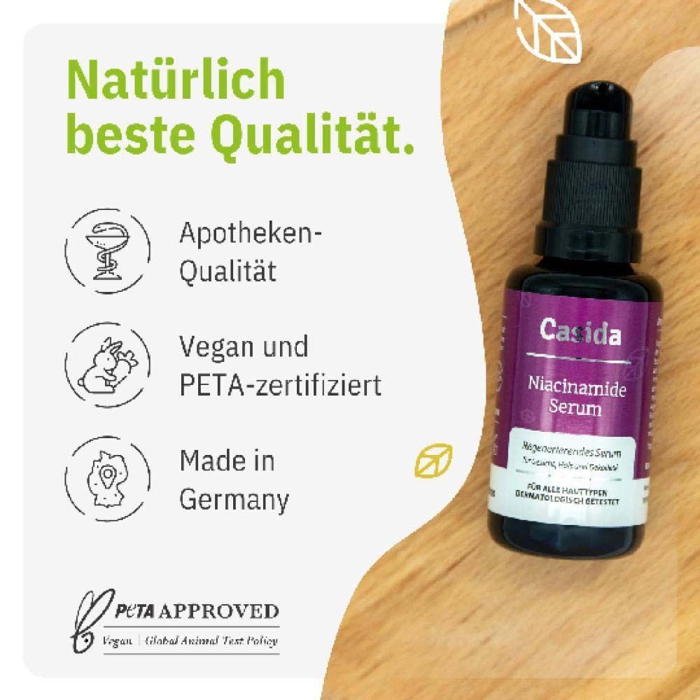 Flasche Casida Niacinamide Serum. Apothekenqualität, vegan und PETA-zertifiziert, hergestellt in Deutschland. PETA-Logo.