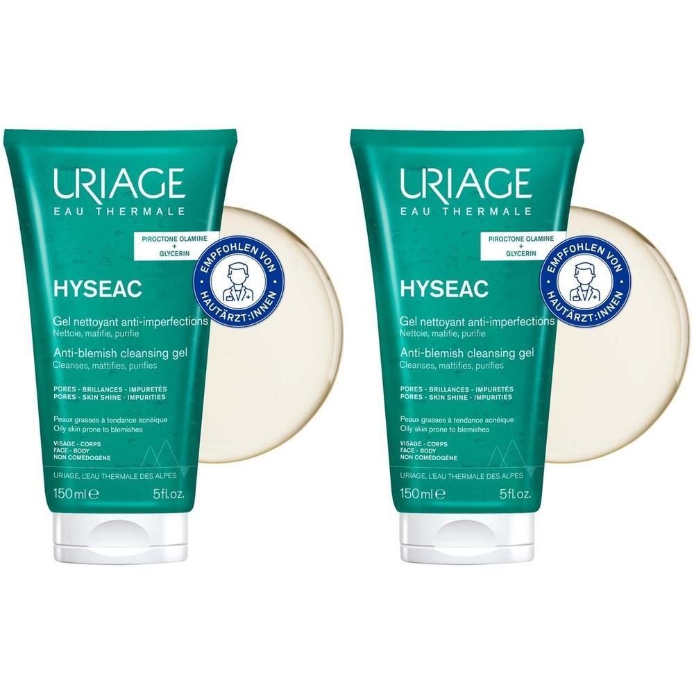 Zwei Tuben Uriage Hyseac Gel. Grün-weiße Tuben mit Produktinformationen. Empfohlen von Dermatologen.