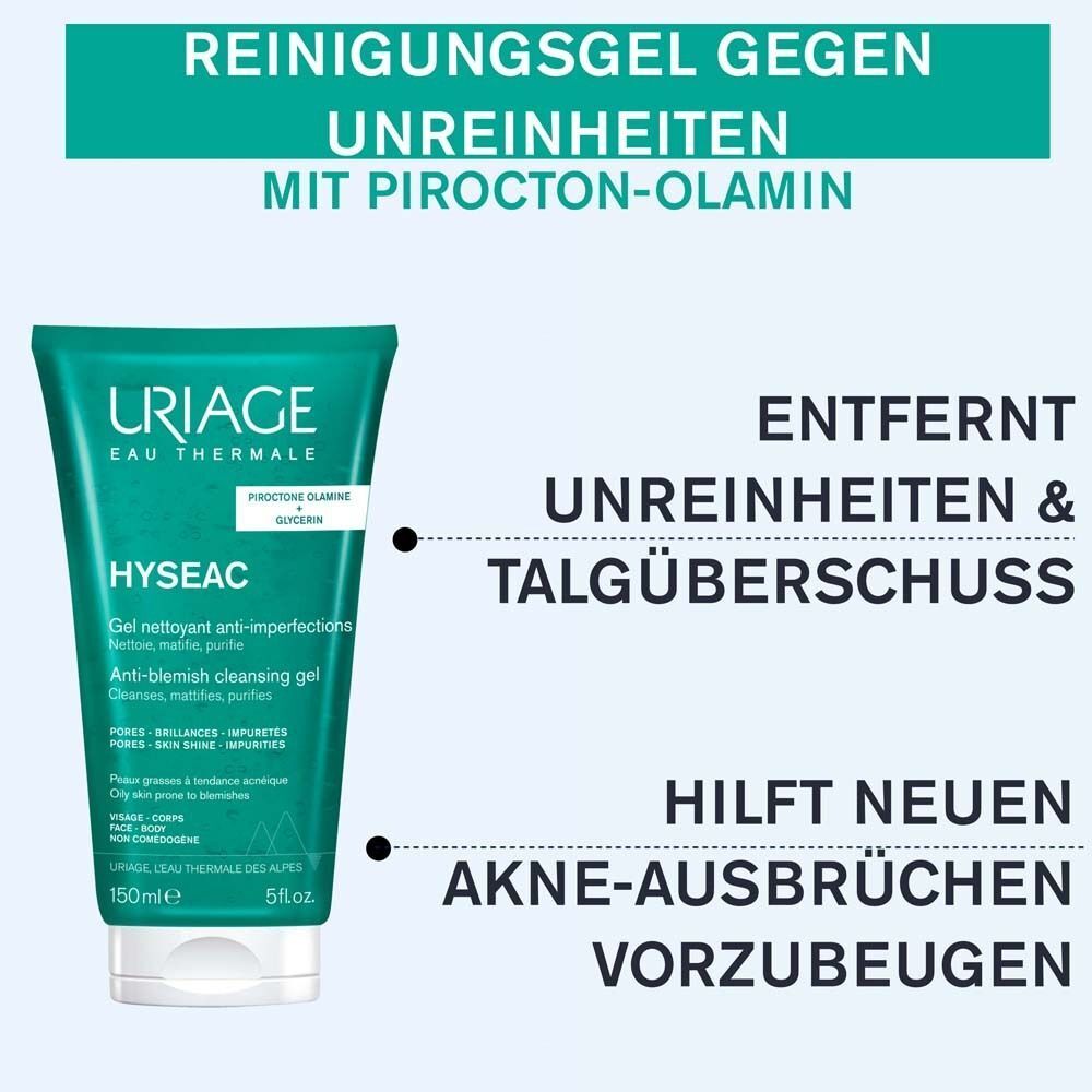 Uriage Hyseac Gel-Tube. Text: Reinigungsgel gegen Unreinheiten mit Pirocton-Olamin. Entfernt Unreinheiten & Talgüberschuss. Hilft neuen Akne-Ausbrüchen vorzubeugen.