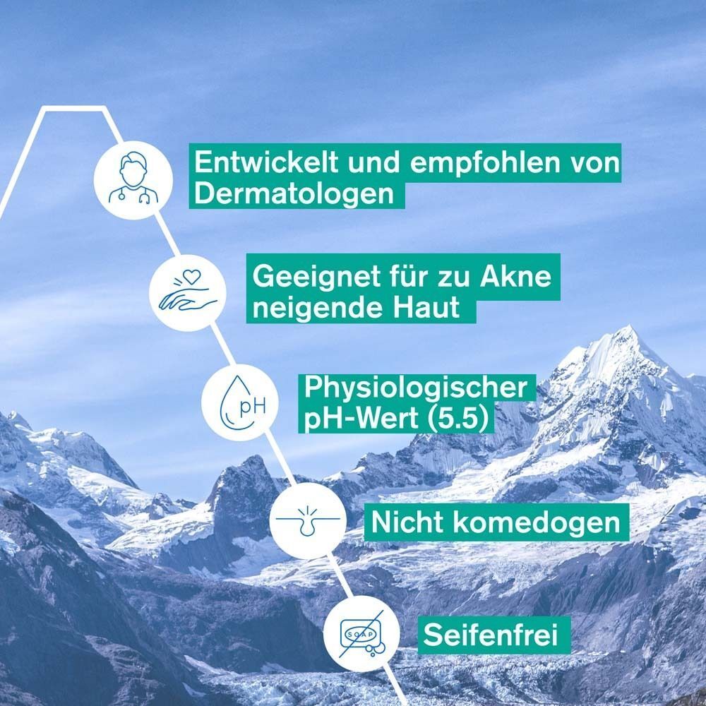 Grafik mit Icons. Entwickelt und empfohlen von Dermatologen. Geeignet für zu Akne neigende Haut. Physiologischer pH-Wert (5.5). Nicht komedogen. Seifenfrei.