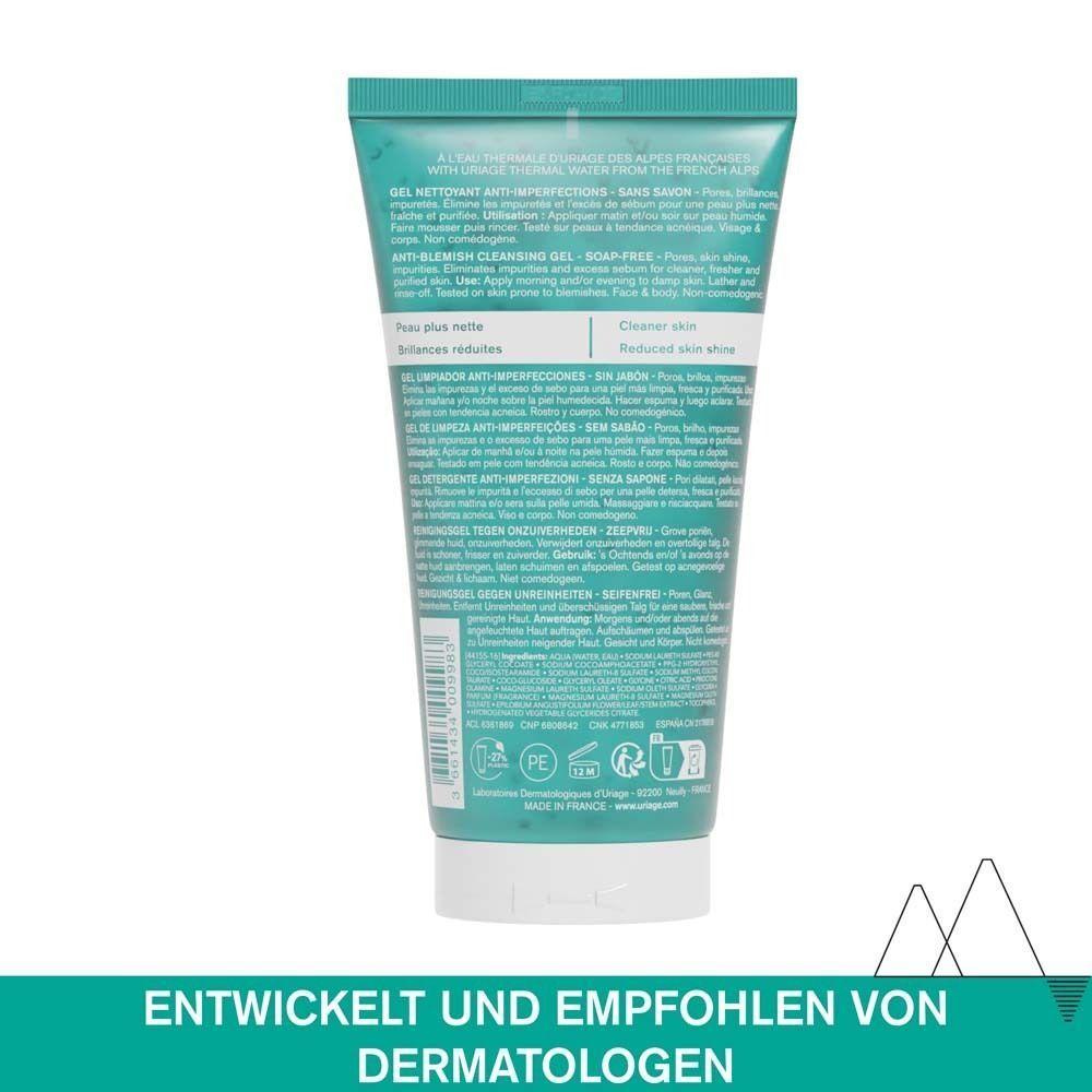Rückseite der Uriage Hyseac Gel-Tube. Text: Anti-Unreinheiten Reinigungsgel. Seifenfrei. Entwickelt und empfohlen von Dermatologen.