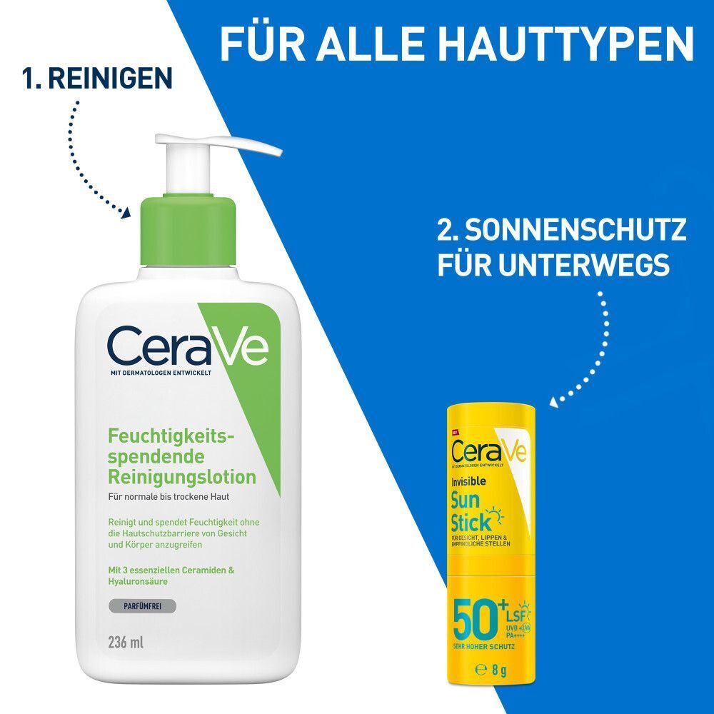 CeraVe Reinigungslotion und Sun Stick LSF 50+. Für alle Hauttypen.