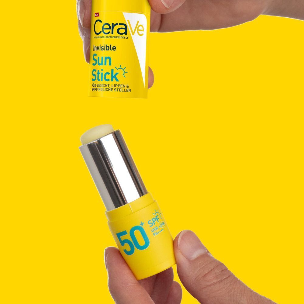 CeraVe Invisible Sun Stick LSF 50+ und der Stick ausgefahren. Für hohen Sonnenschutz.
