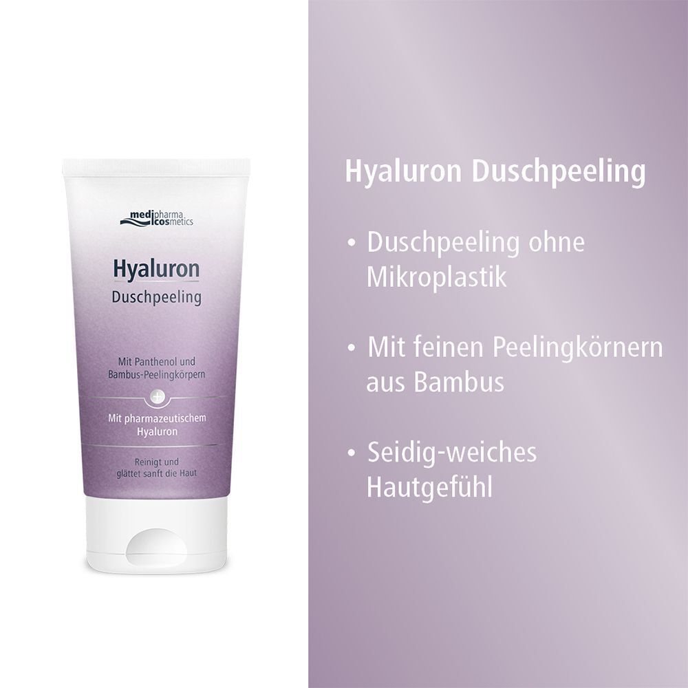Hyaluron Duschpeeling-Tube mit Produktinformationen. Produktname und Logo sind sichtbar. Text: Duschpeeling ohne Mikroplastik, mit Bambus-Peelingkörnern.