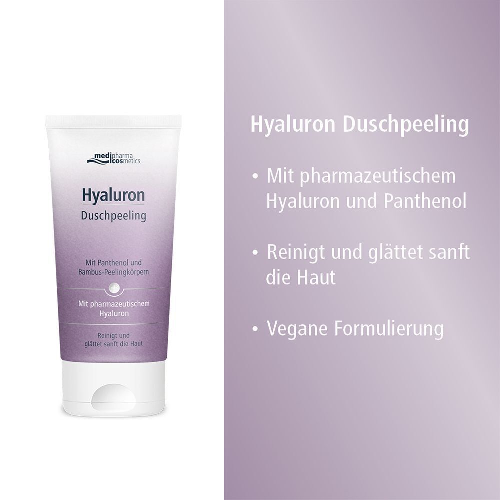 Hyaluron Duschpeeling-Tube mit Produktinformationen. Produktname und Logo sind sichtbar. Text: Mit pharmazeutischem Hyaluron und Panthenol, vegan.