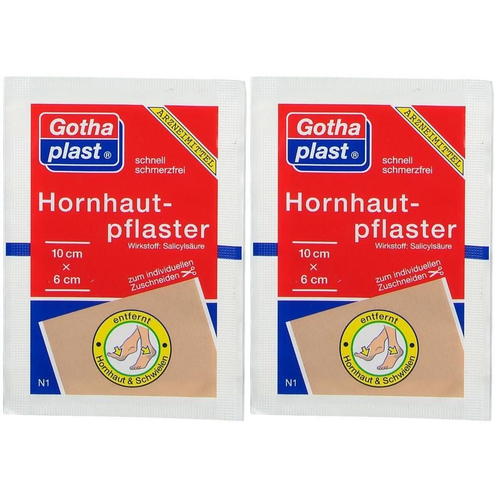 Zwei Gothaplast Hornhautpflaster, 10 cm x 6 cm, zum individuellen Zuschneiden.