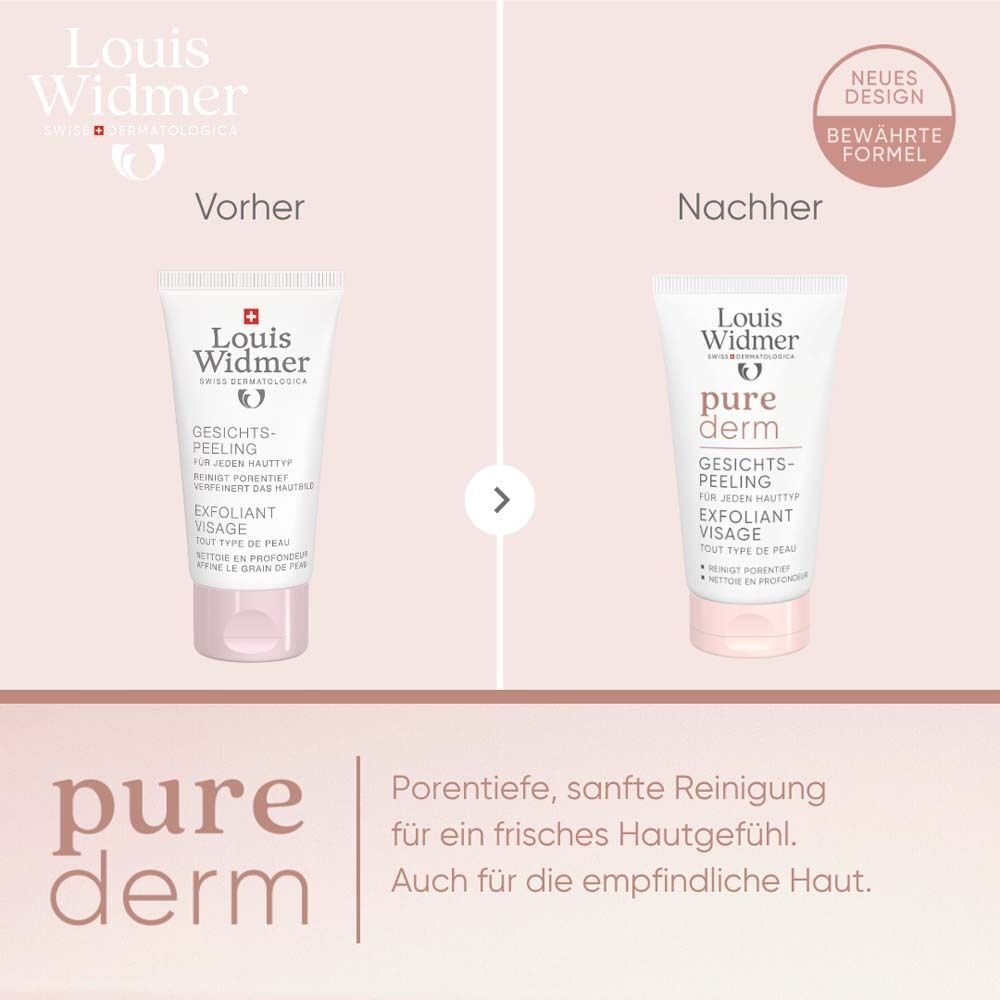 Vergleich Vorher/Nachher. Links: Tube Gesichtspeeling. Rechts: Tube Gesichtspeeling. Text: Neues Design, Bewährte Formel.