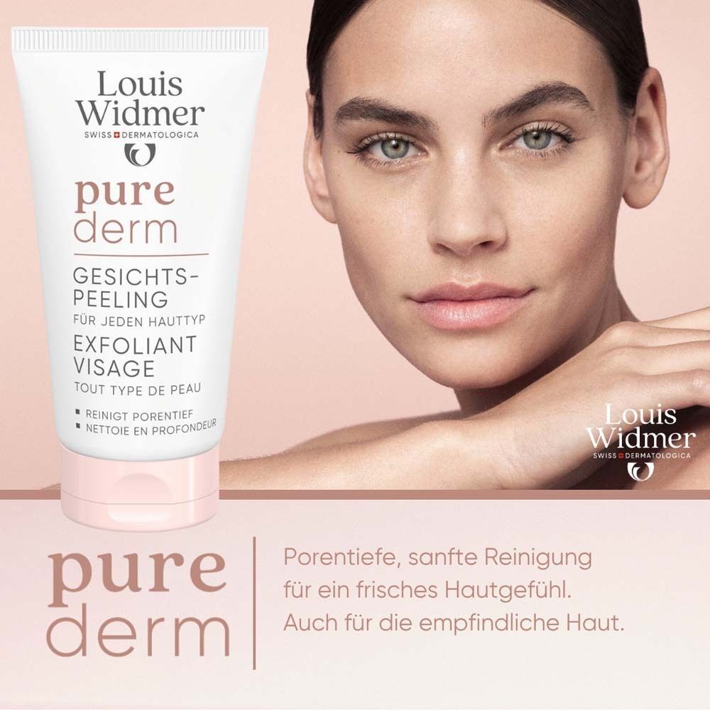 Gesichtspeeling-Tube neben Gesicht einer Frau. Aufschrift: Louis Widmer, pure derm, Gesichtspeeling, Exfoliant Visage.