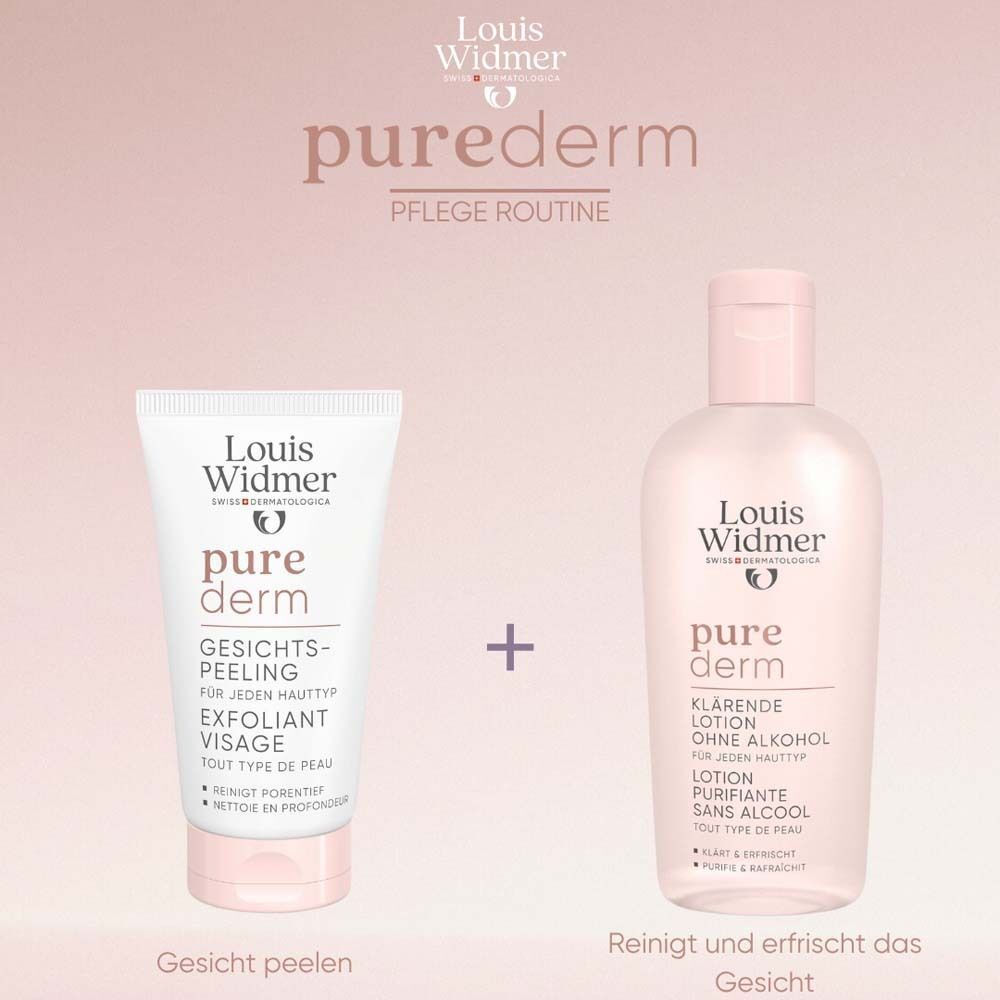 Gesichtspeeling-Tube und Lotion. Aufschrift: Louis Widmer, pure derm. Text: Gesicht peelen, Reinigt und erfrischt das Gesicht.