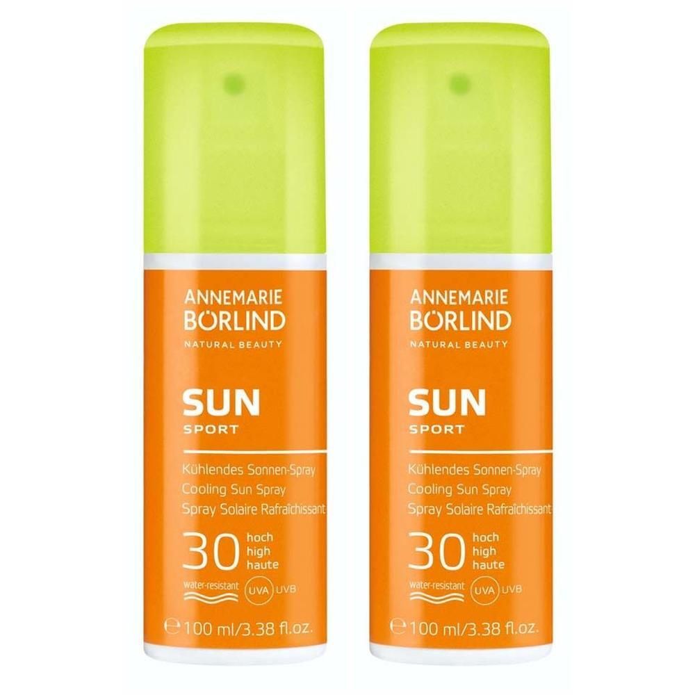 Zwei Flaschen ANNEMARIE BÖRLIND SPORT Kühlendes Sonnenspray LSF 30, 100 ml.