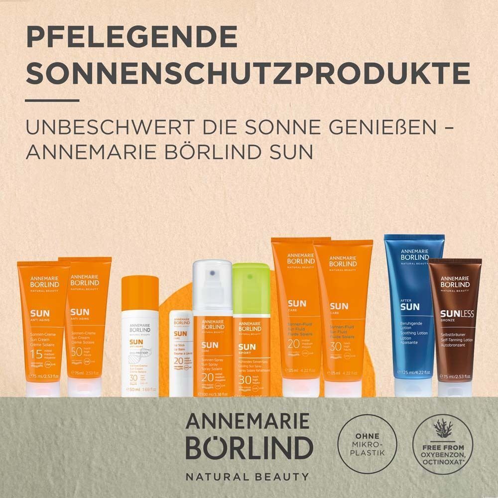 Kollektion von ANNEMARIE BÖRLIND Sonnenschutzprodukten, darunter Sprays und Cremes.