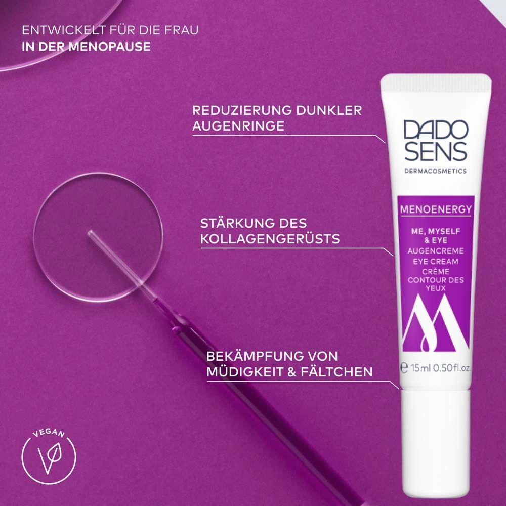 DADO SENS Menoenergy Augencreme-Tube. Weiße Tube mit lila Schrift und Logo. Text: Augencreme, 15ml. Auf lila Hintergrund mit Text.
