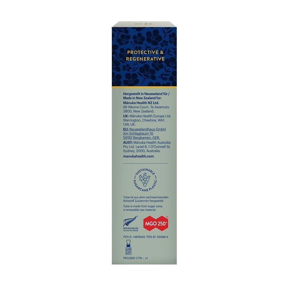 Rückseite der Schachtel. Text: Hergestellt in Neuseeland. Nachhaltige Verpackung. MGO 250. 9420063103486.