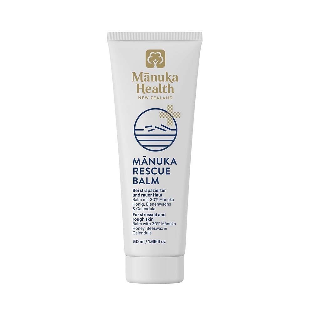 Weiße Tube. Aufschrift: Manuka Health MANUKA RESCUE BALM. 50 ml. Mit 30% Manuka Honig, Bienenwachs & Calendula.