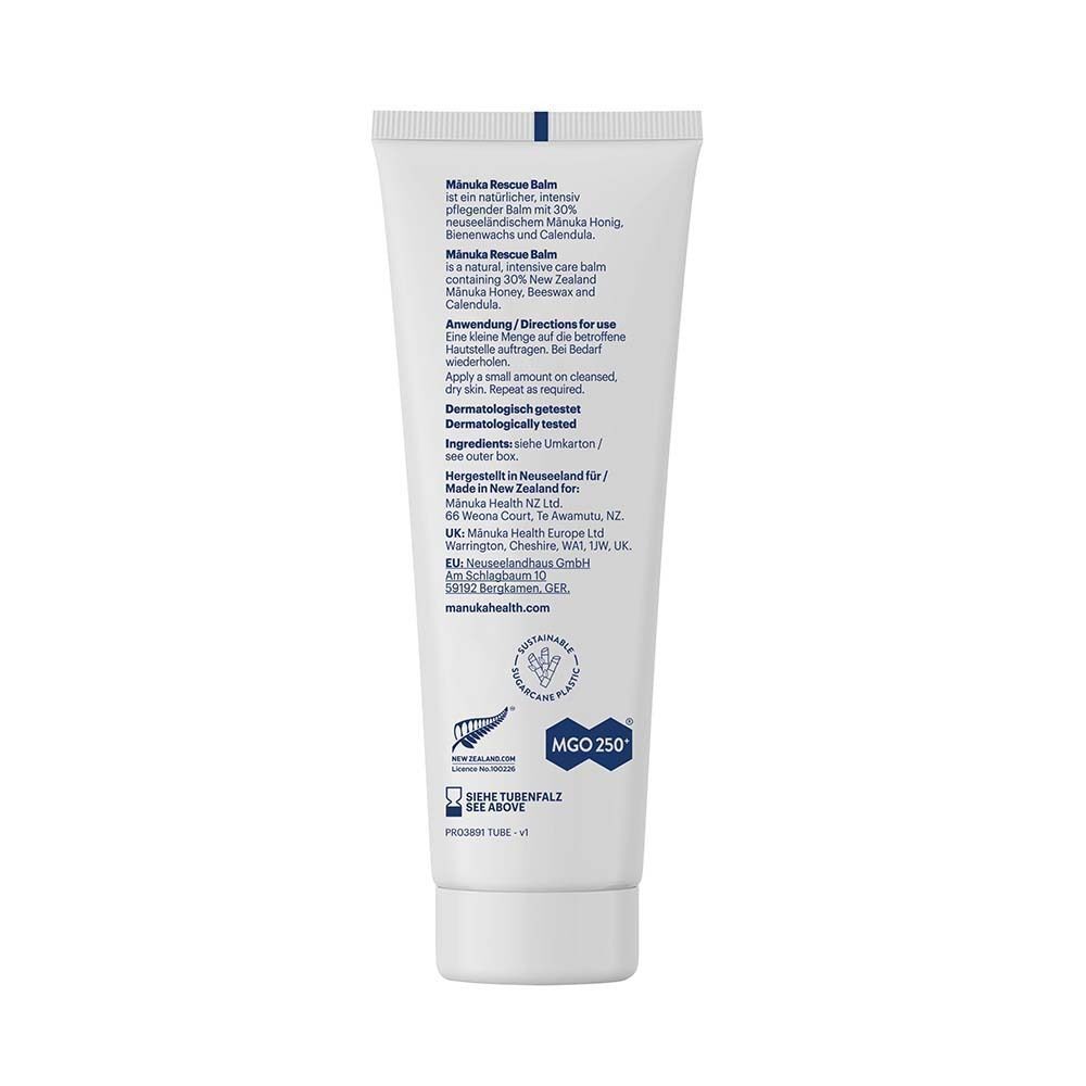 Rückseite der Tube. Text: Manuka Rescue Balm. Anwendung. Dermatologisch getestet. MGO 250.