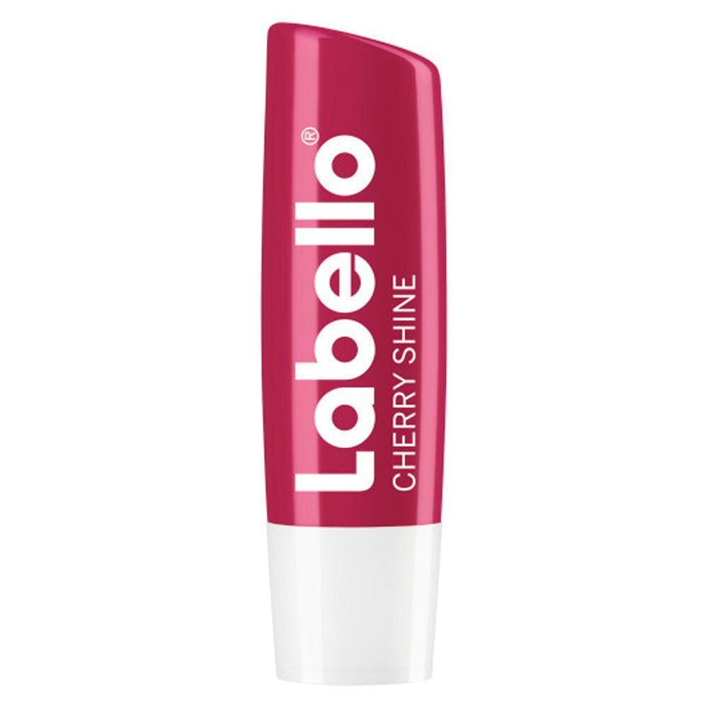 Labello Cherry Shine Lippenpflegestift. Roter Stift mit weißem Drehmechanismus. Produktname und Logo sichtbar.