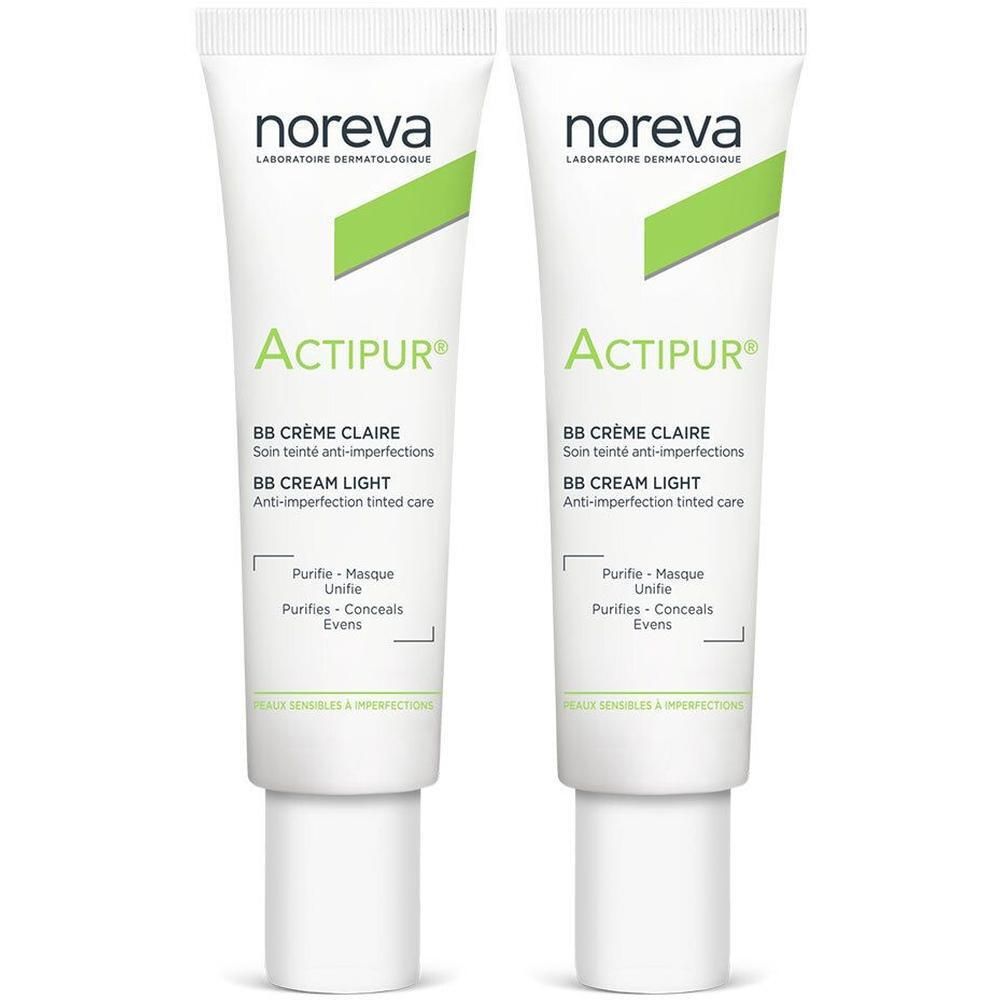 Zwei Tuben Creme. Aufschrift: noreva, Actipure, BB Crème Claire, BB Cream Light. Grün-weiße Verpackung.