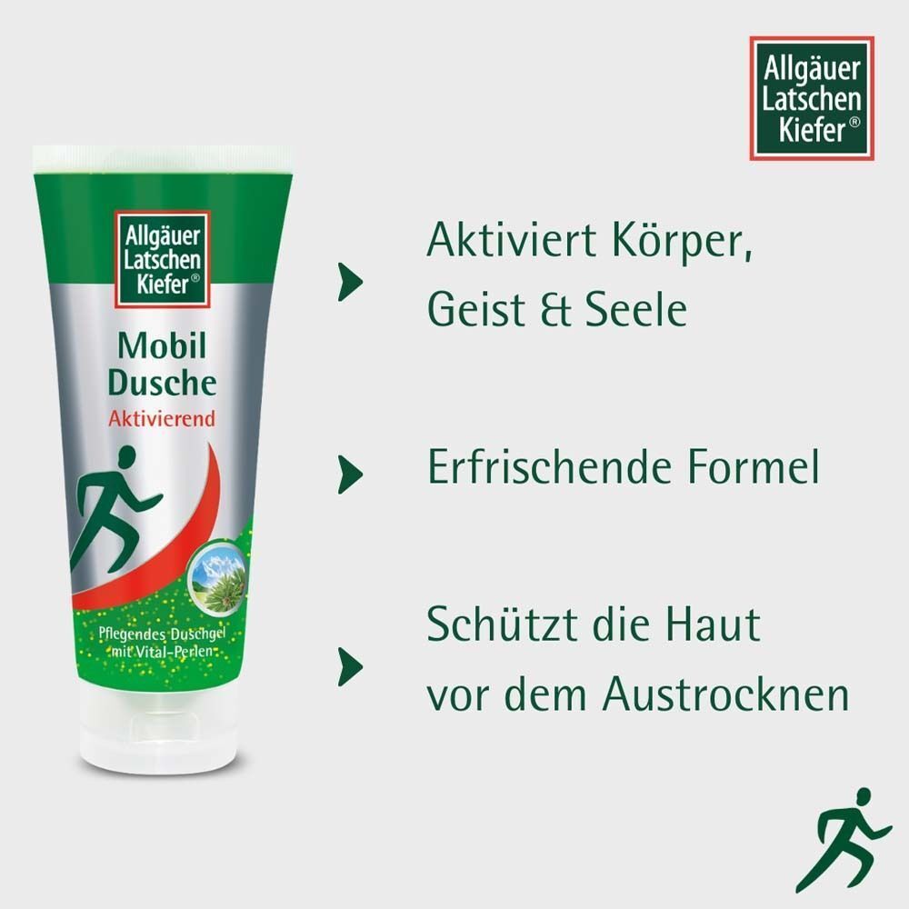 Tube Allgäuer Latschenkiefer Mobil Dusche. Grün-silberne Tube mit Produktnamen und Logo. Aktivierend. Text: Aktiviert Körper, Geist & Seele, Erfrischende Formel, Schützt die Haut.