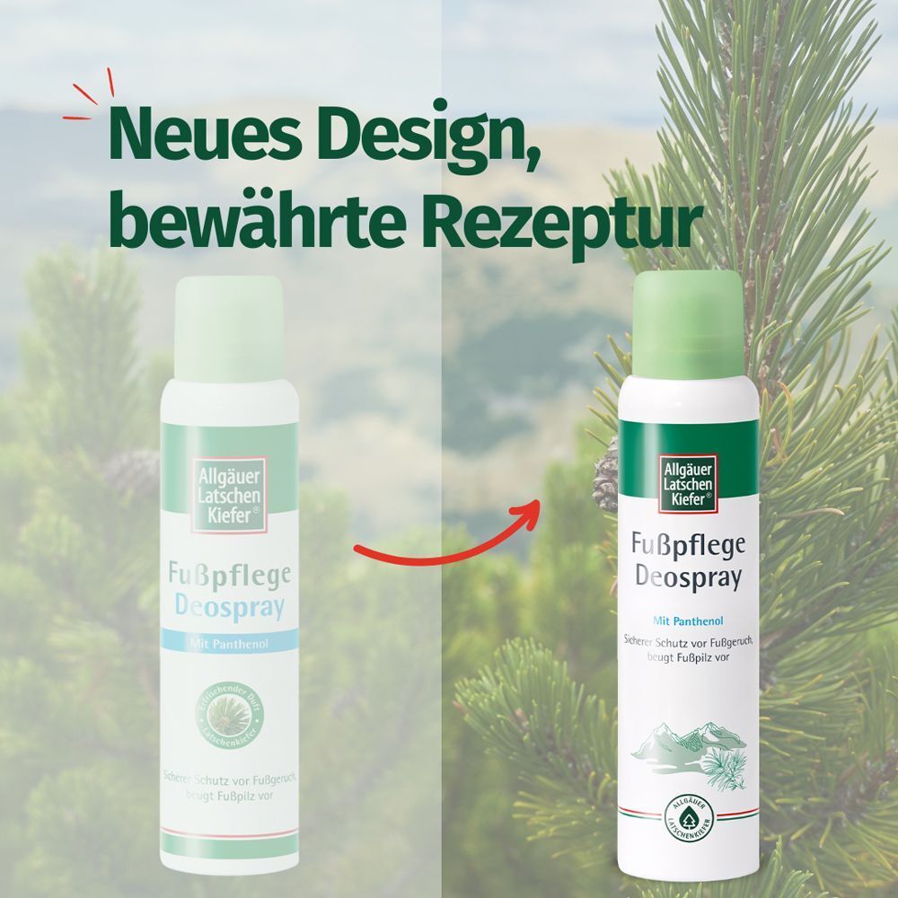 Zwei Deospray-Dosen. Aufschrift: Fußpflege Deospray. Pfeil zeigt auf neues Design. Text: Neues Design, bewährte Rezeptur.