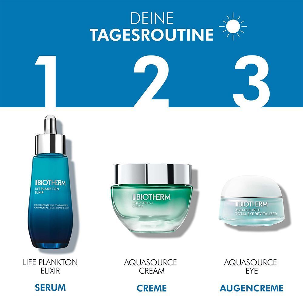 Drei Produkte: Serum, Creme und Augencreme. BIOTHERM-Produkte. Beschriftung: Life Plankton Elixir, Aquasource Cream, Aquasource Eye.