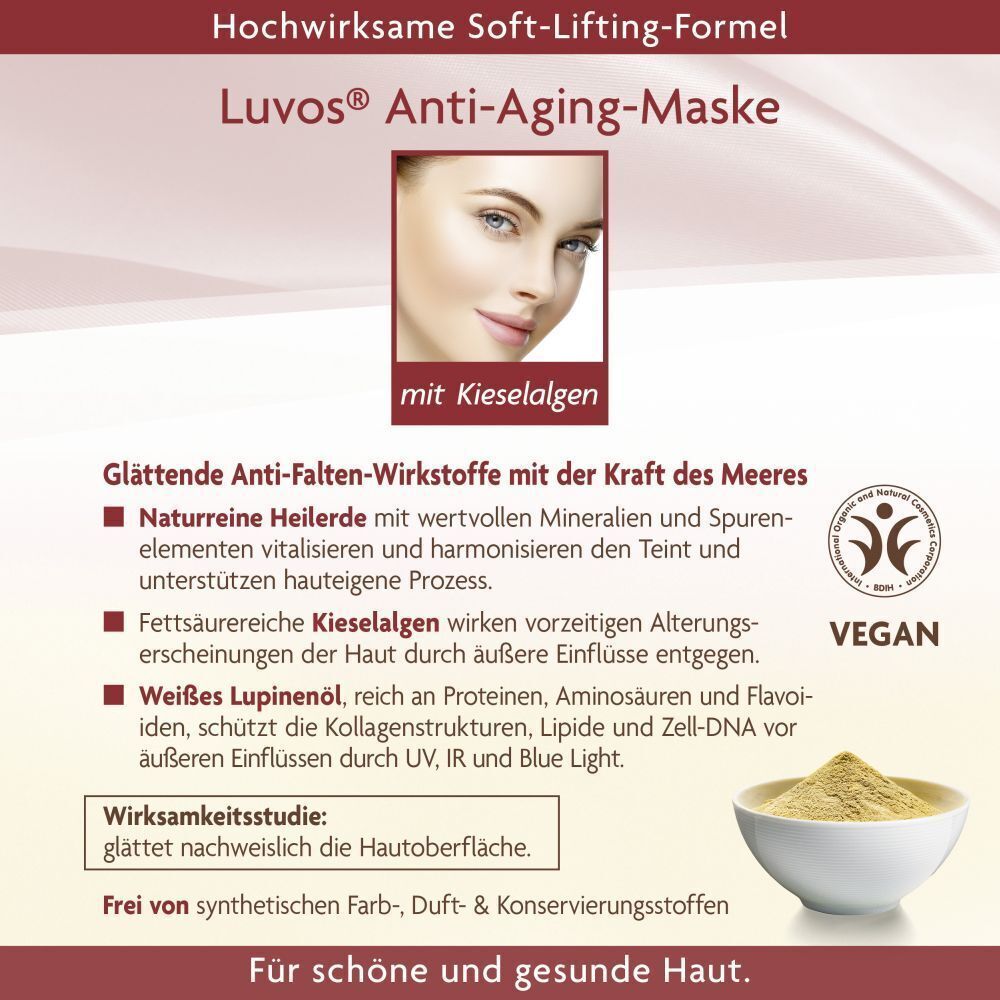 Luvos Anti-Aging-Maske mit Kieselalgen. Text: „Glättende Anti-Falten-Wirkstoffe mit der Kraft des Meeres“. Vegan-Siegel.