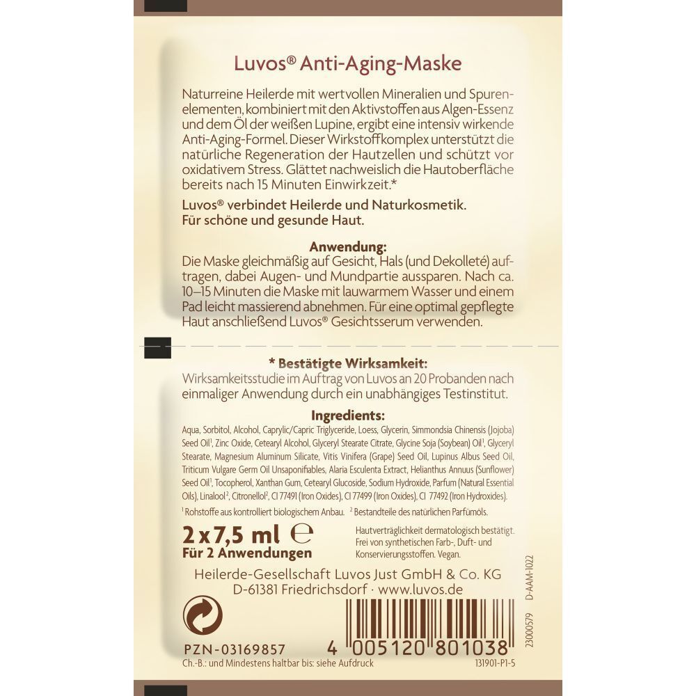Rückseite der Luvos Anti-Aging-Maske. Text: Anwendung, Inhaltsstoffe, 2x7,5 ml, vegan. Hersteller: Heilerde-Gesellschaft Luvos Just GmbH & Co. KG.